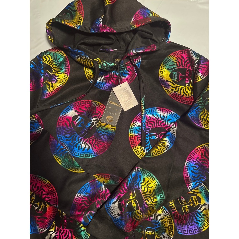 NWT Drill NYC Black Multi Medallion Graphic Hoodie Pullover Medium Reg. $58‎
